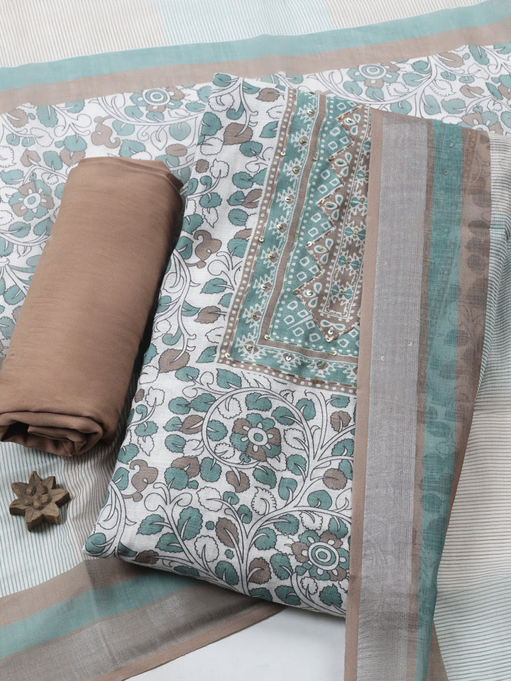 Printed Linen Blend Unstitched Suit With Pant &amp; Dupatta