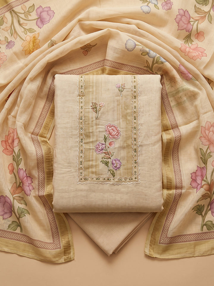 Beige Embroidered Linen Blend Unstitched Suit With Pant &amp; Dupatta