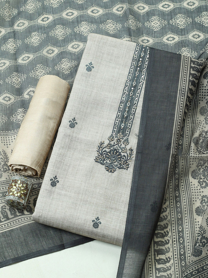 Embroidered Cotton Blend Unstitched Suit With Pant &amp; Dupatta