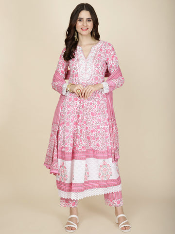 Floral Printed Cotton Kurta With Pants & Dupatta