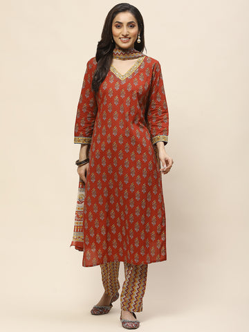 Printed Cotton Suit Set With Dupatta