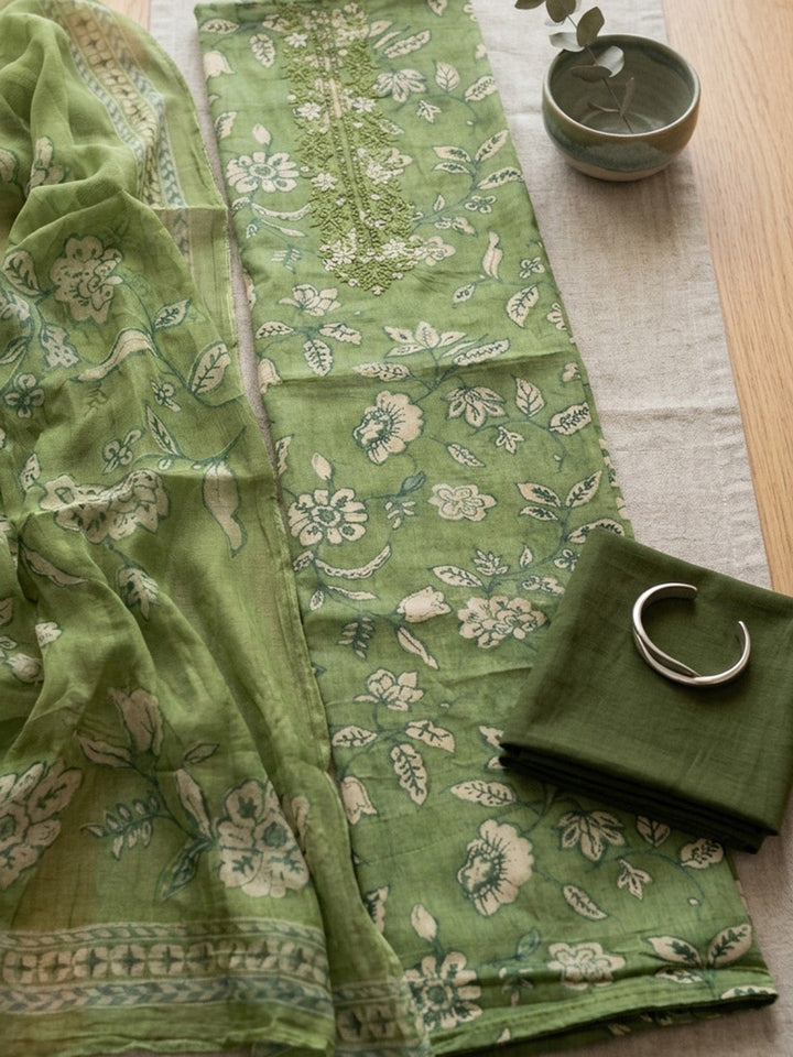 Printed Cotton Blend Unstitched Suit With Pant &amp; Dupatta