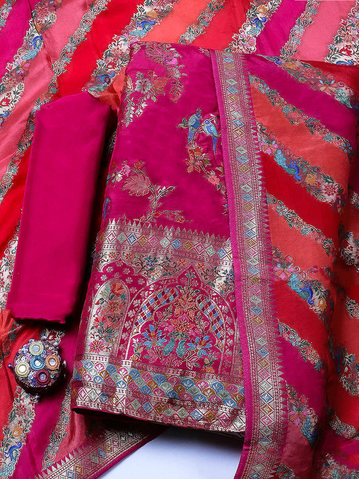 Woven Design Dola Silk Unstitched Suit With Pant &amp; Dupatta