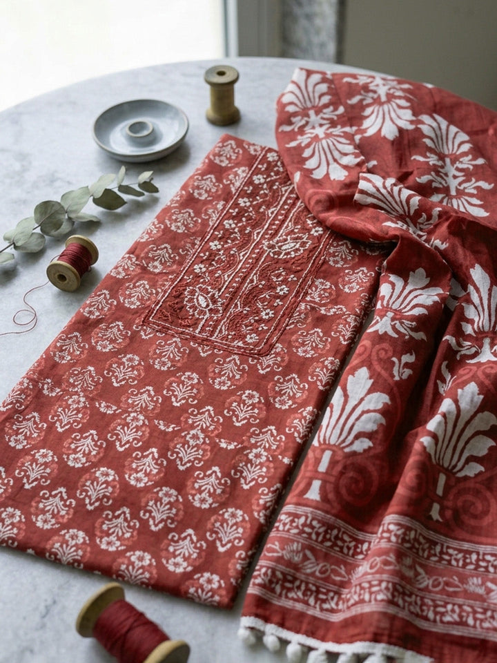 Embroidered Cotton Blend Unstitched Suit With Pant &amp; Dupatta