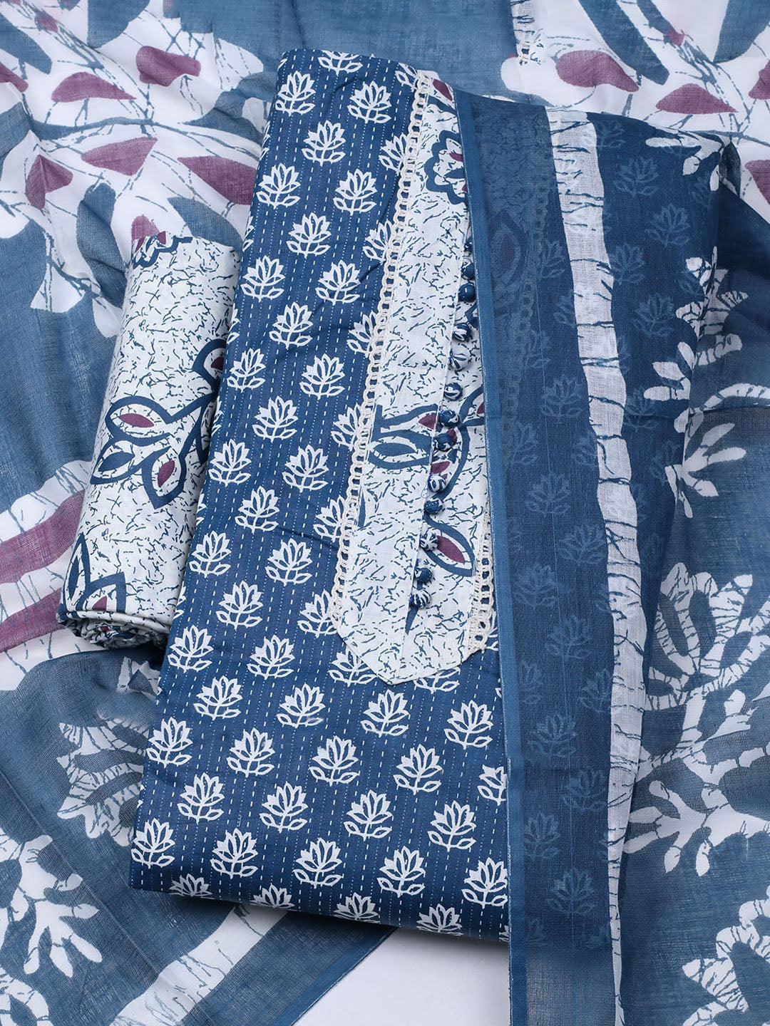 Printed Cotton Blend Unstitched Suit With Dupatta