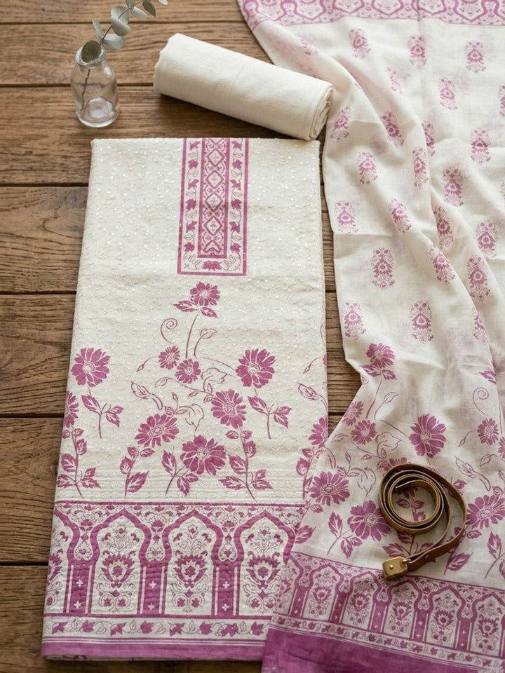 Printed Cotton Blend Unstitched Suit With Pant &amp; Dupatta