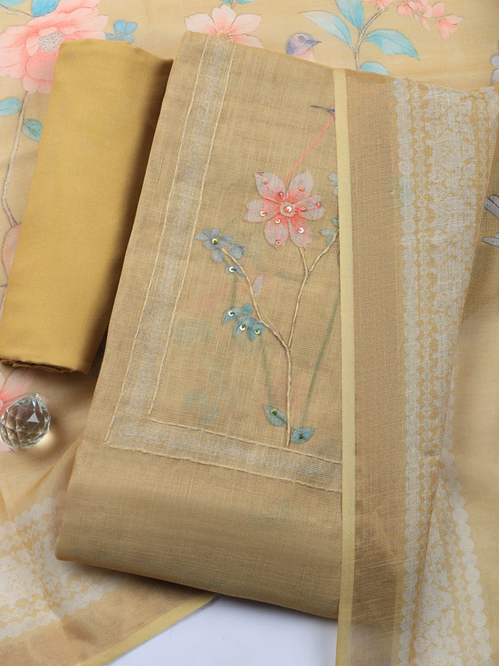 Printed Linen Blend Unstitched Suit With Pant &amp; Dupatta