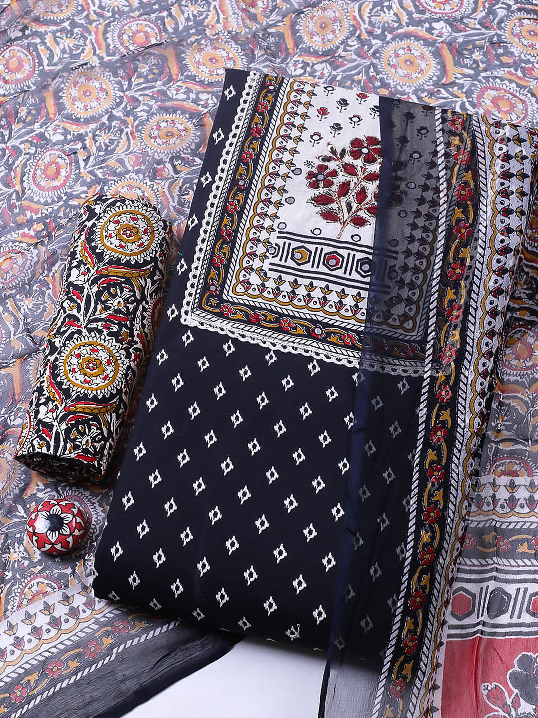 Embroidered Cotton Blend Unstitched Suit With Pant &amp; Dupatta