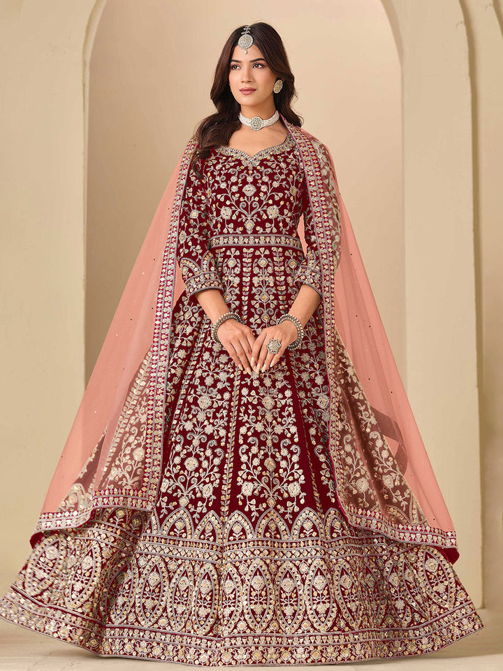 Embroidered Velvet Semi Stitched Kurta With Pant &amp; Dupatta