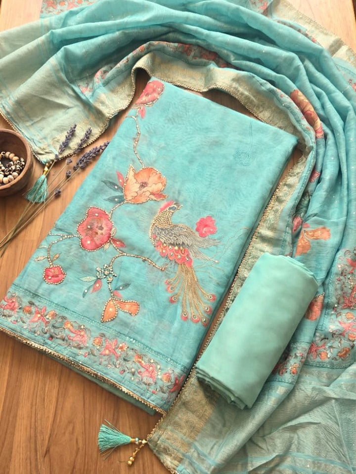 Printed Chanderi Unstitched Suit With Pant &amp; Dupatta