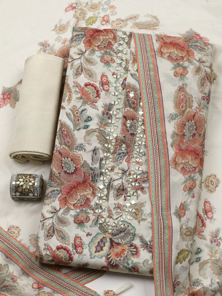 Embellished Muslin Unstitched Suit With Pant &amp; Dupatta