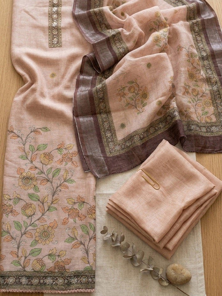 Embroidered Chanderi Unstitched Suit With Pant &amp; Dupatta