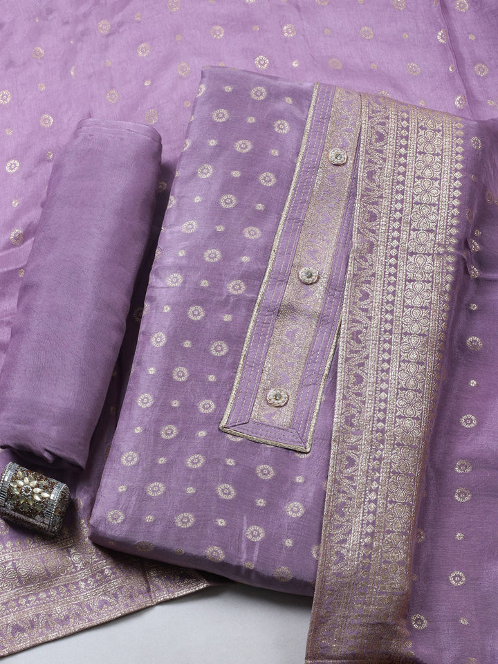 Embroidered Chanderi Unstitched Suit With Pant &amp; Dupatta