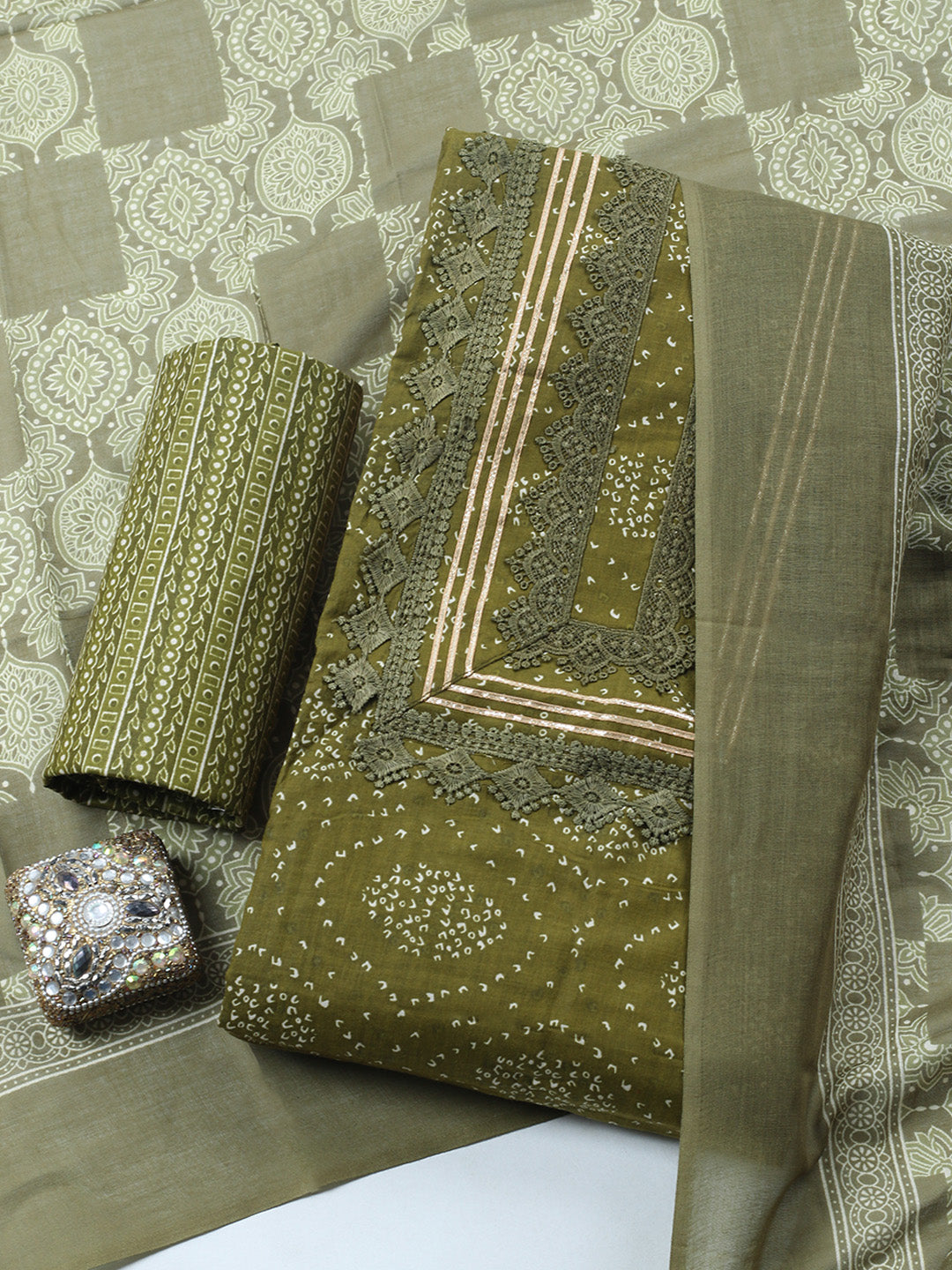 Printed Cotton Blend Unstitched Suit With Pant &amp; Dupatta