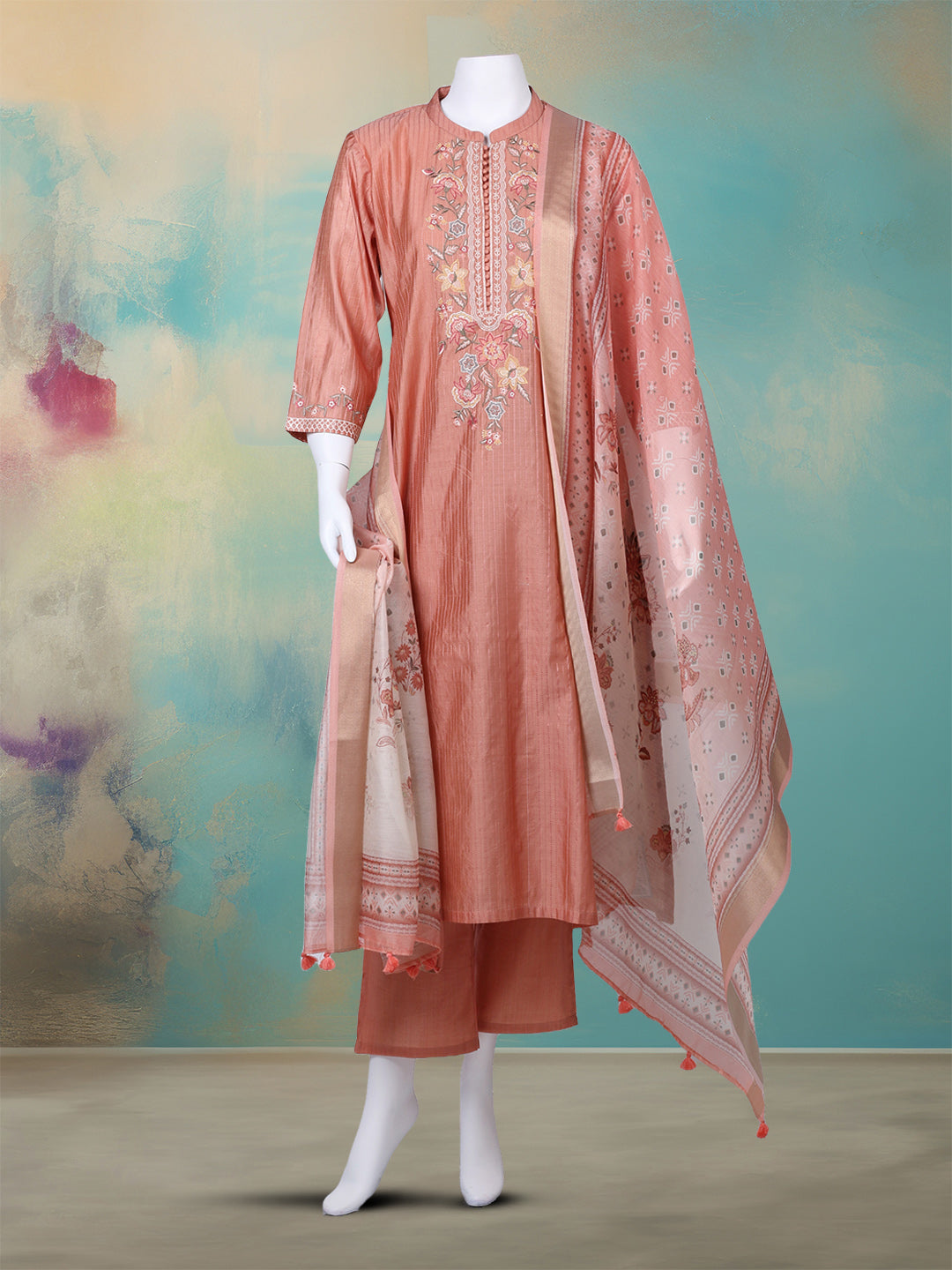 Embroidered Chanderi Kurta With Pant & Dupatta