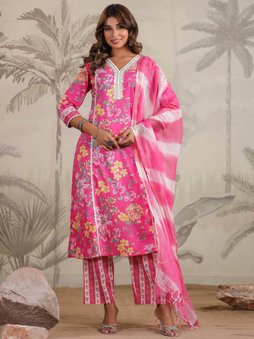 Floral Printed Cotton Blend Kurta With Pants & Dupatta