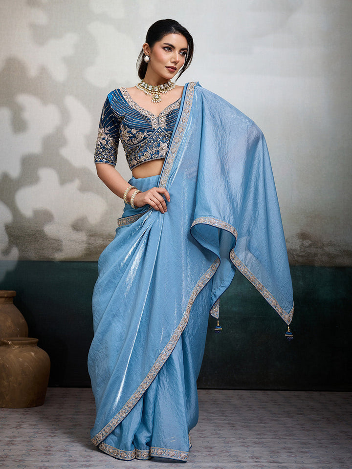 Embroidered Satin Saree With Readymade Blouse