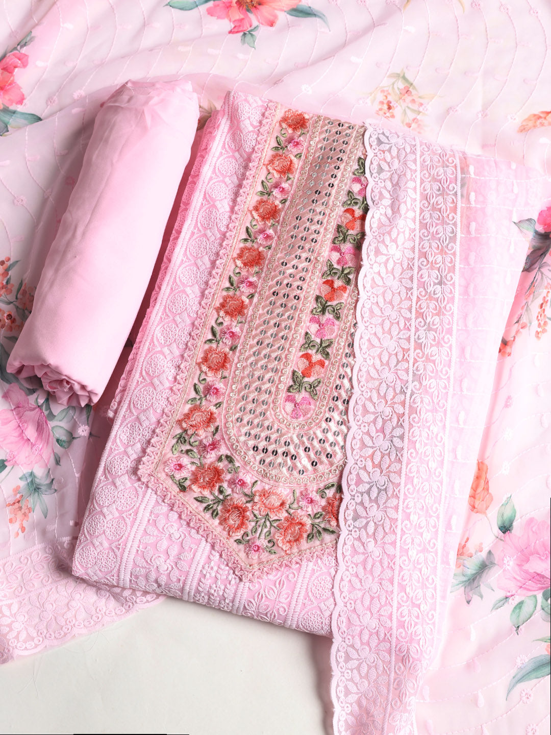 Chikan Work Georgette Unstitched Suit With Dupatta