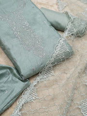 Neck Embroidered Chanderi Unstitched Suit With Dupatta