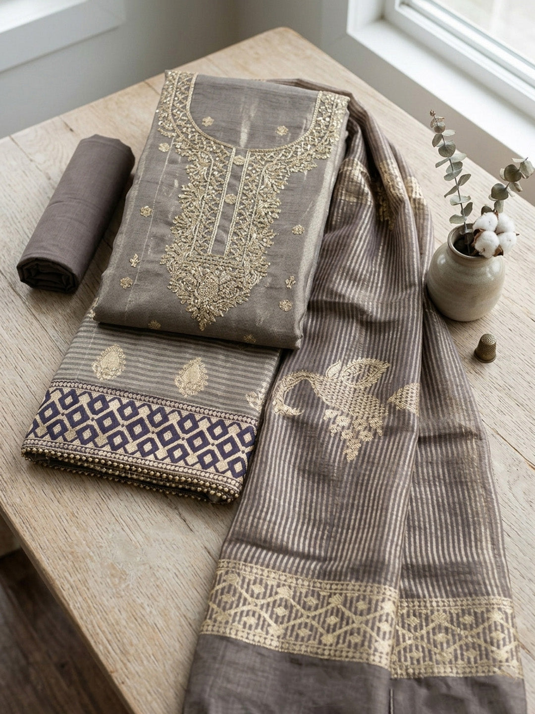 Embroidered Tissue Unstitched Suit With Pant &amp; Dupatta