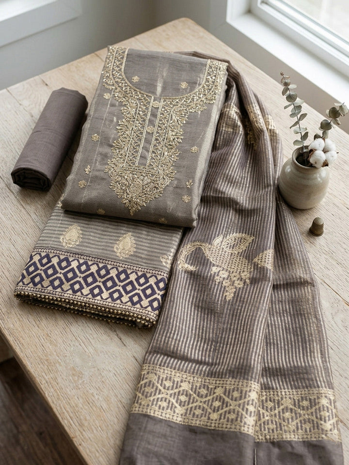 Embroidered Tissue Unstitched Suit With Pant &amp; Dupatta