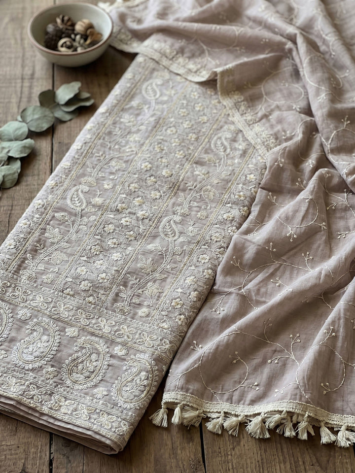 Thread Embroidered Cotton Blend Unstitched Suit With Dupatta