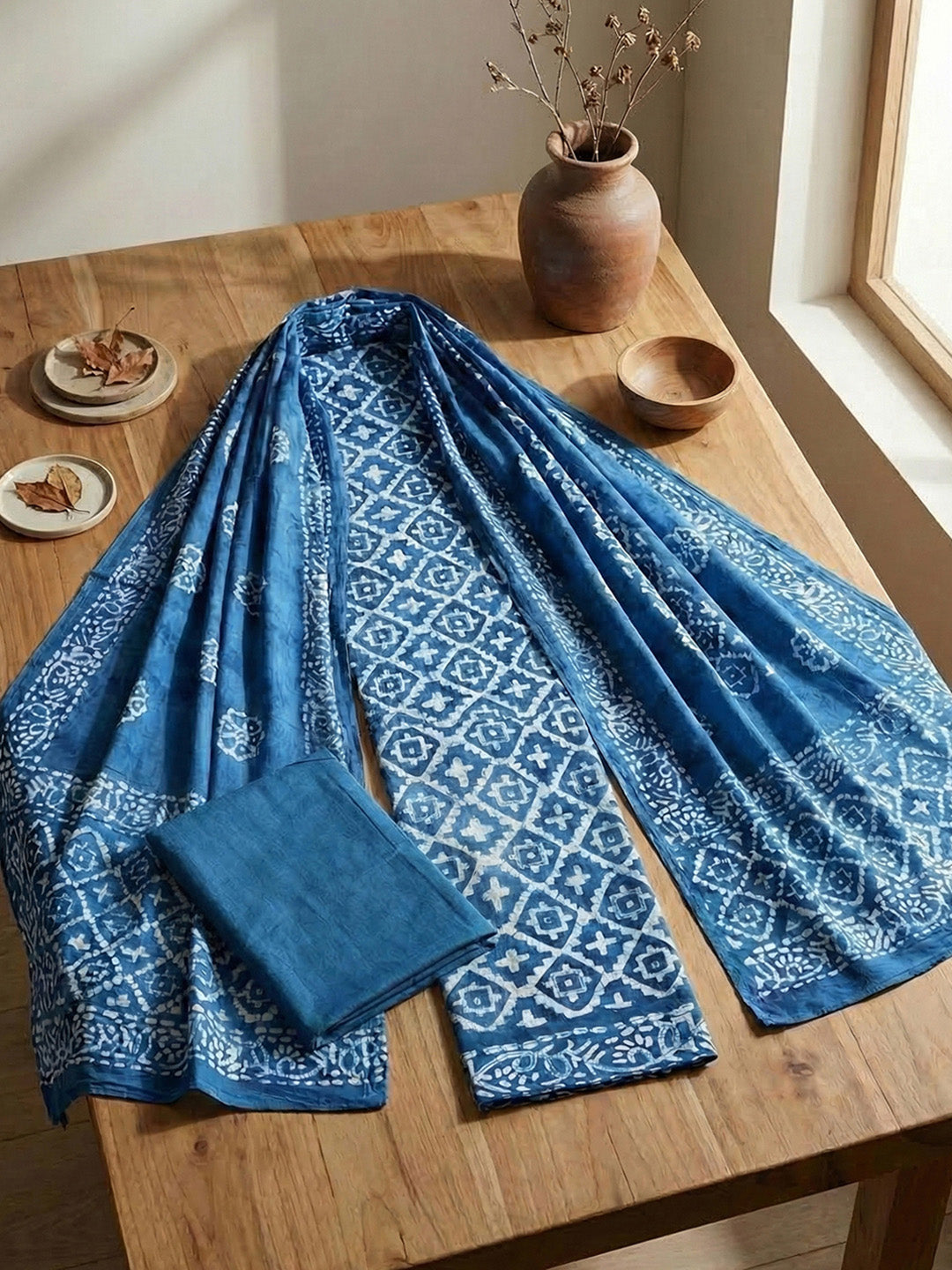 Printed Cotton Blend Unstitched Suit With Pant &amp; Dupatta
