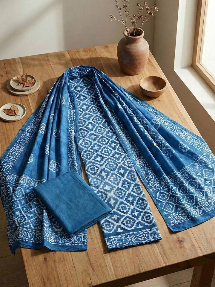 Printed Cotton Blend Unstitched Suit With Pant &amp; Dupatta