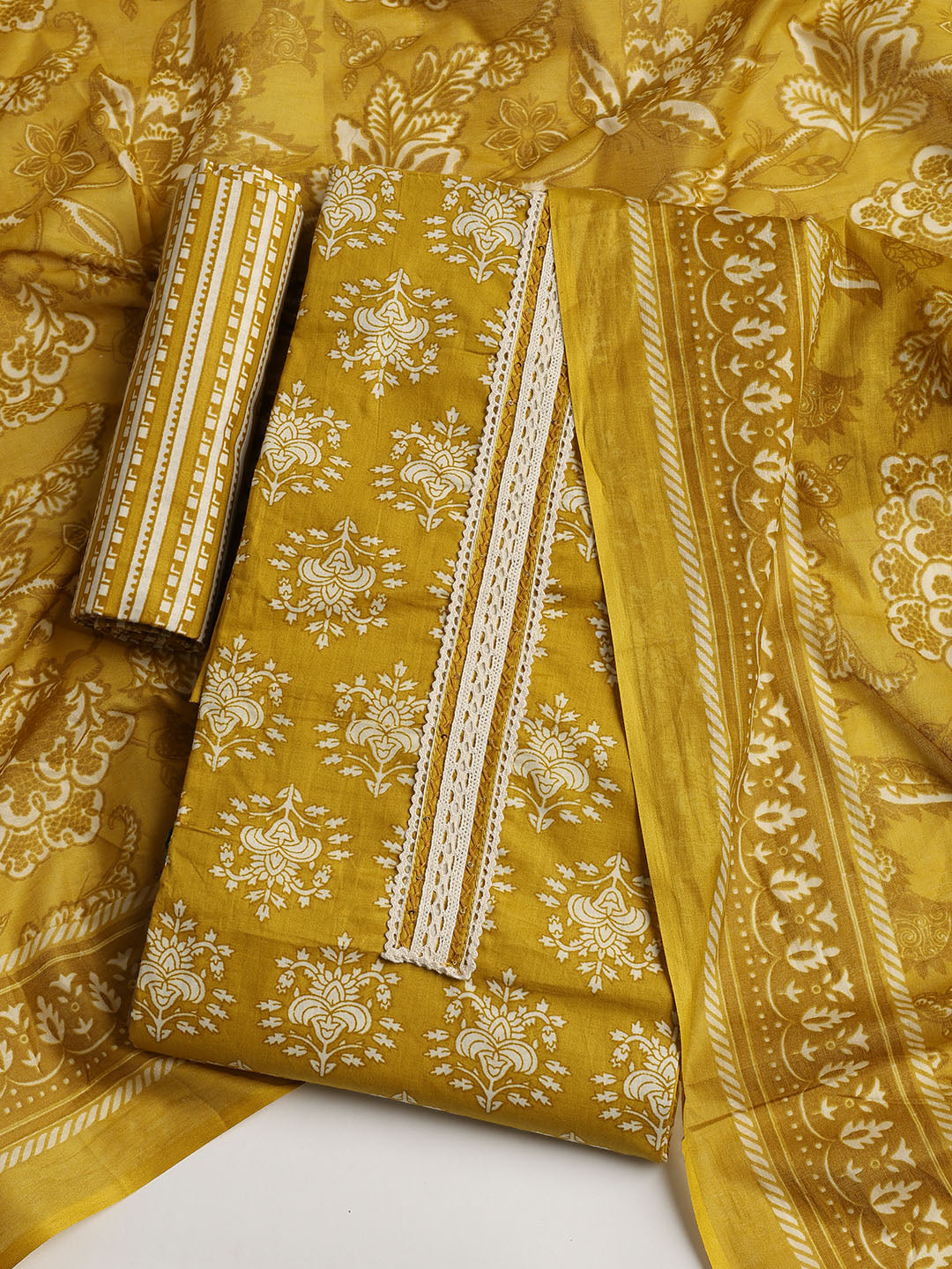 Patch Neck Cotton Blend Unstitched Suit With Dupatta