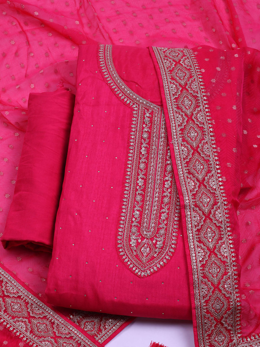 Neck Embroidered Chanderi Unstitched Suit With Dupatta
