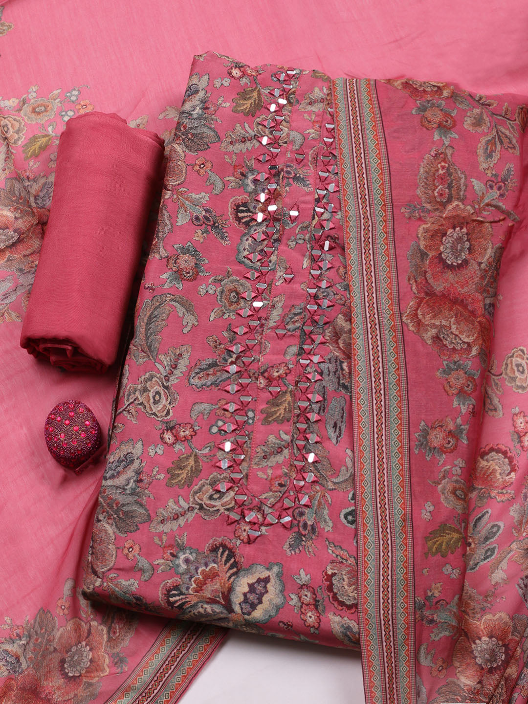 Embellished Muslin Unstitched Suit With Pant &amp; Dupatta