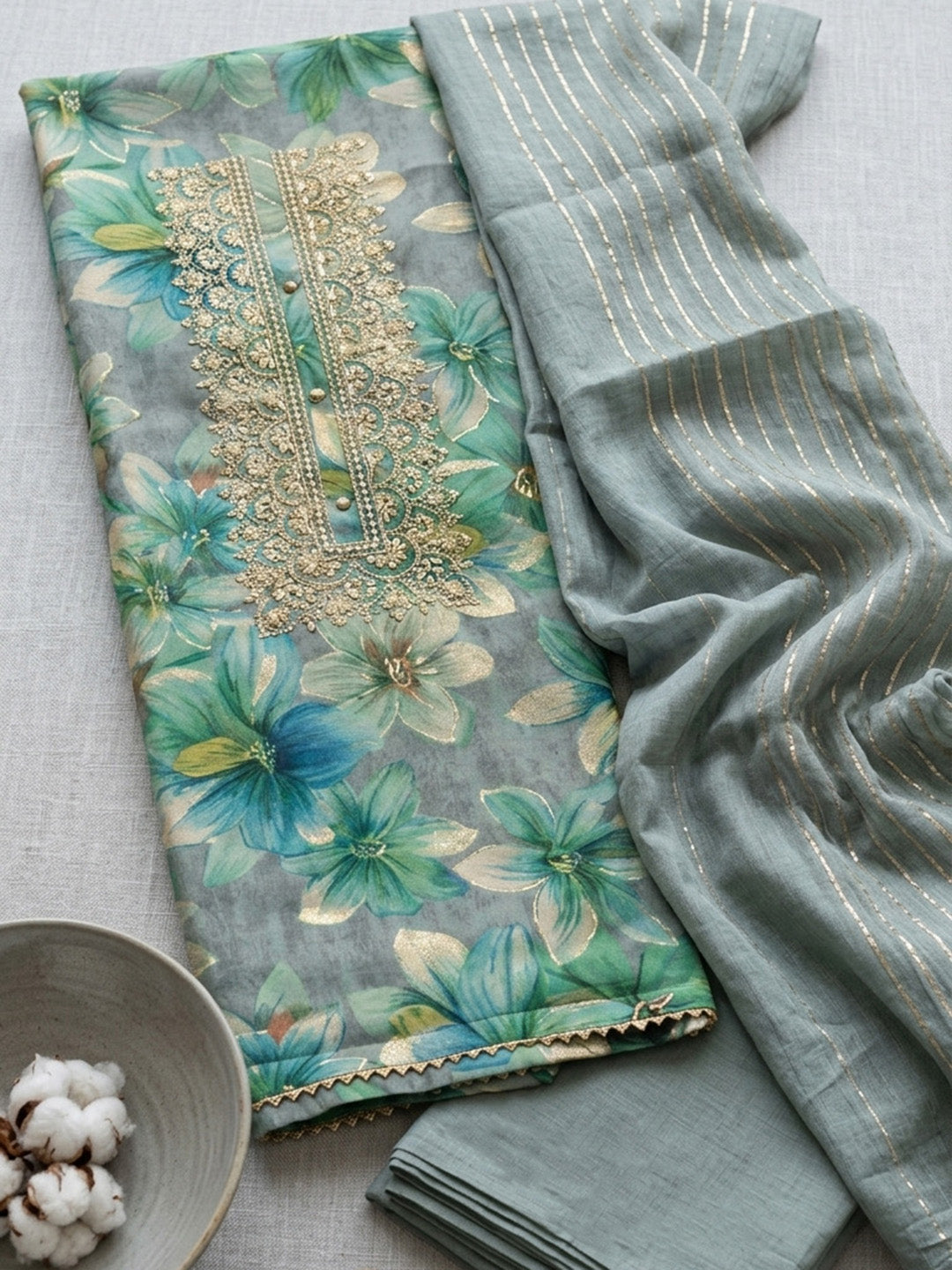 Embroidered Cotton Blend Unstitched Suit With Pant &amp; Dupatta