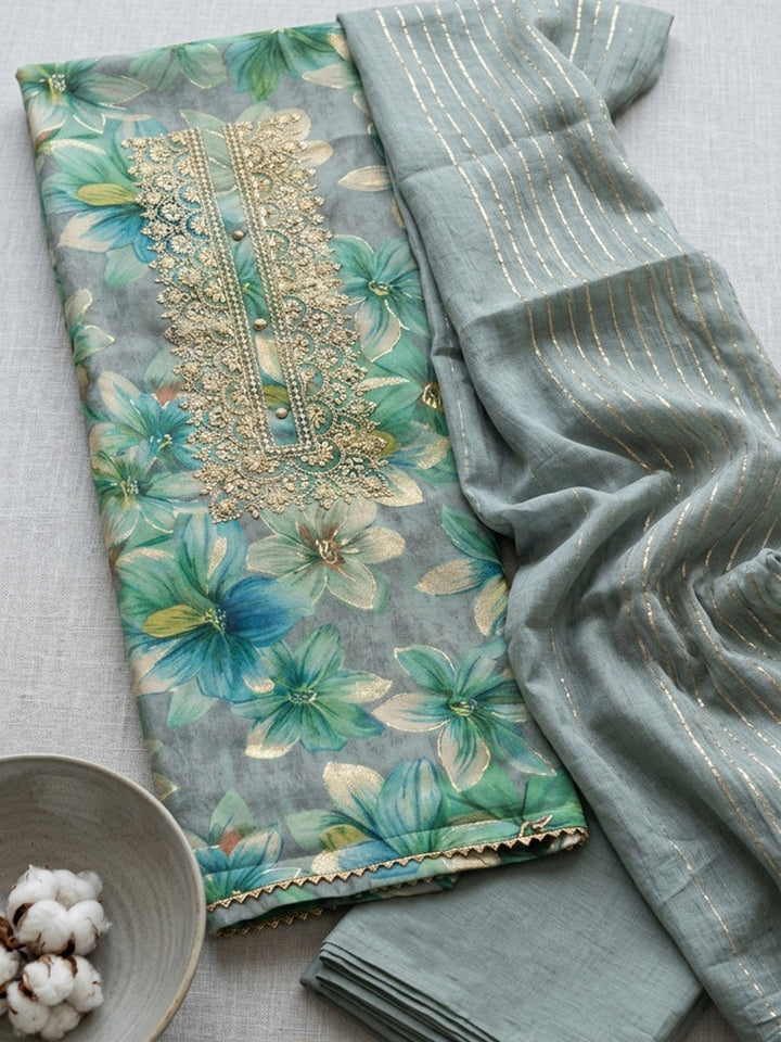 Embroidered Cotton Blend Unstitched Suit With Pant &amp; Dupatta