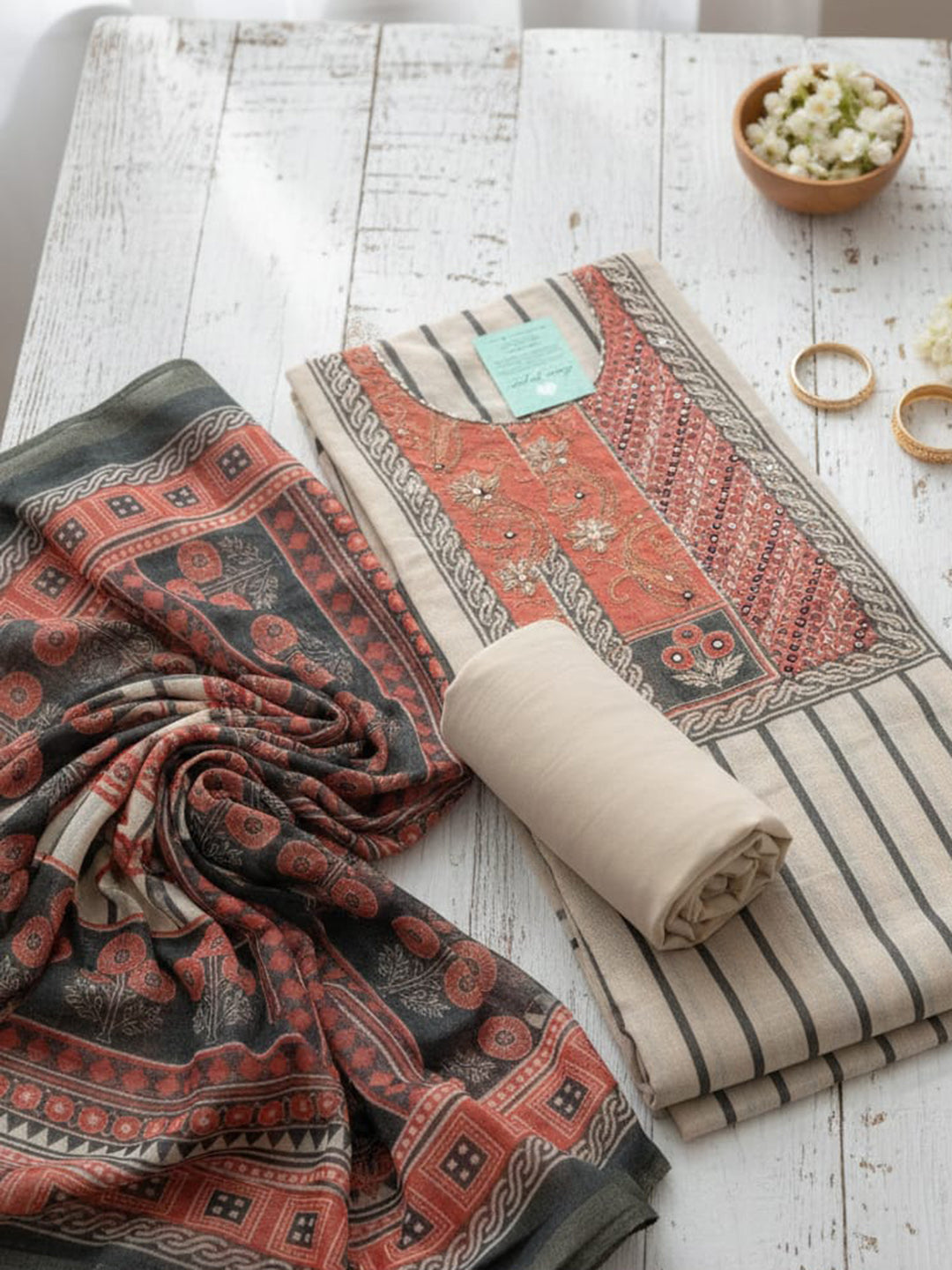 Embroidered Chanderi Unstitched Suit With Pant &amp; Dupatta