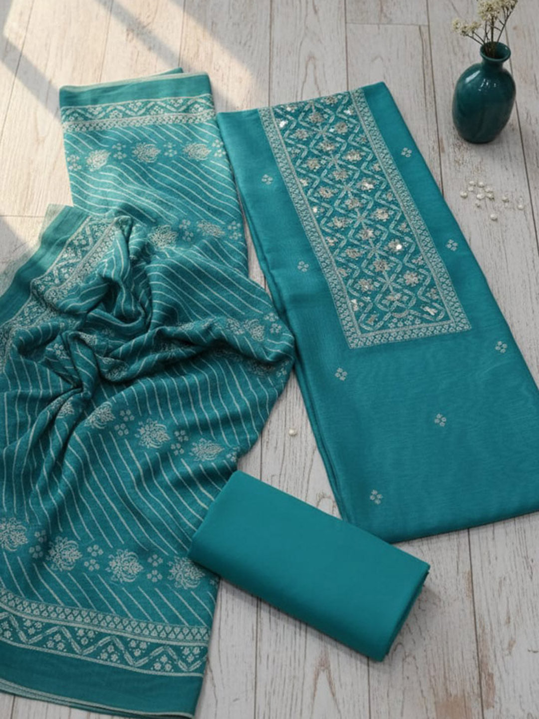 Embroidered Cotton Blend Unstitched Suit With Pant &amp; Dupatta