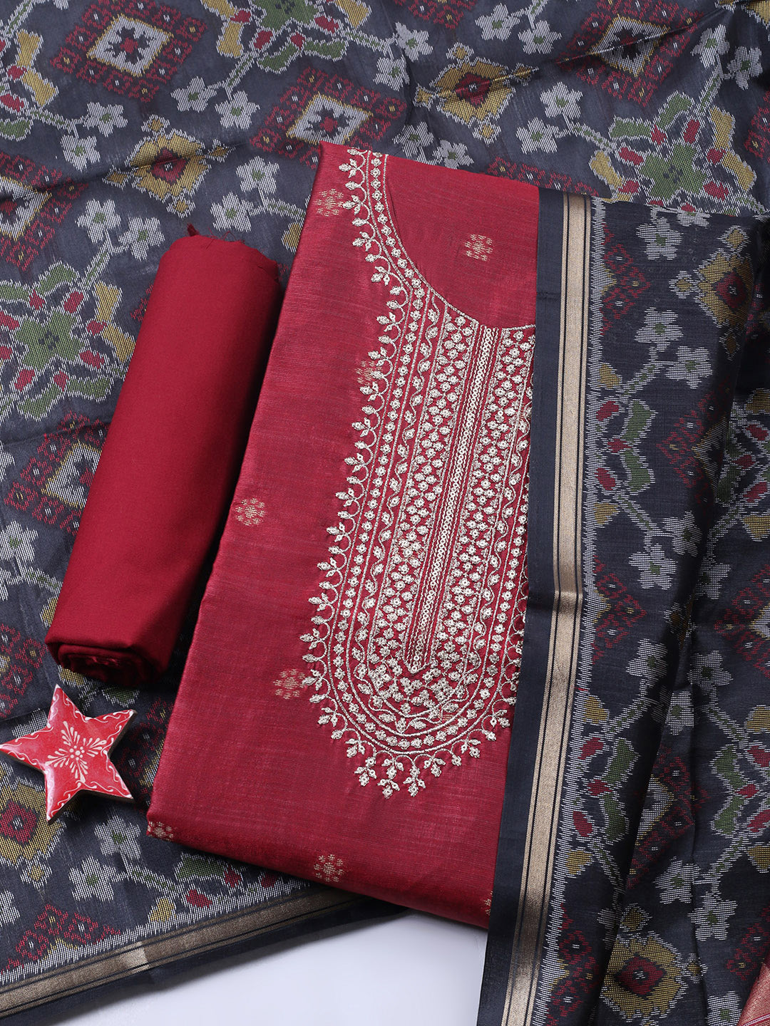 Embroidered Chanderi Unstitched Suit With Pant &amp; Dupatta