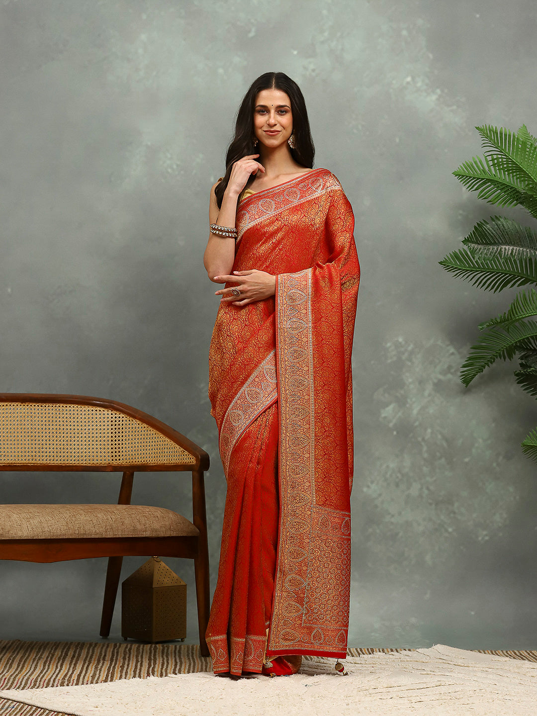 Stone Work Satin Embroidery Saree