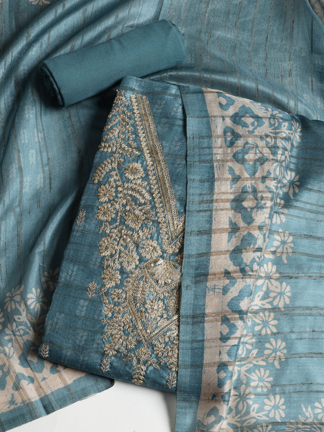 Neck Embroidered Chanderi Unstitched Suit With Dupatta