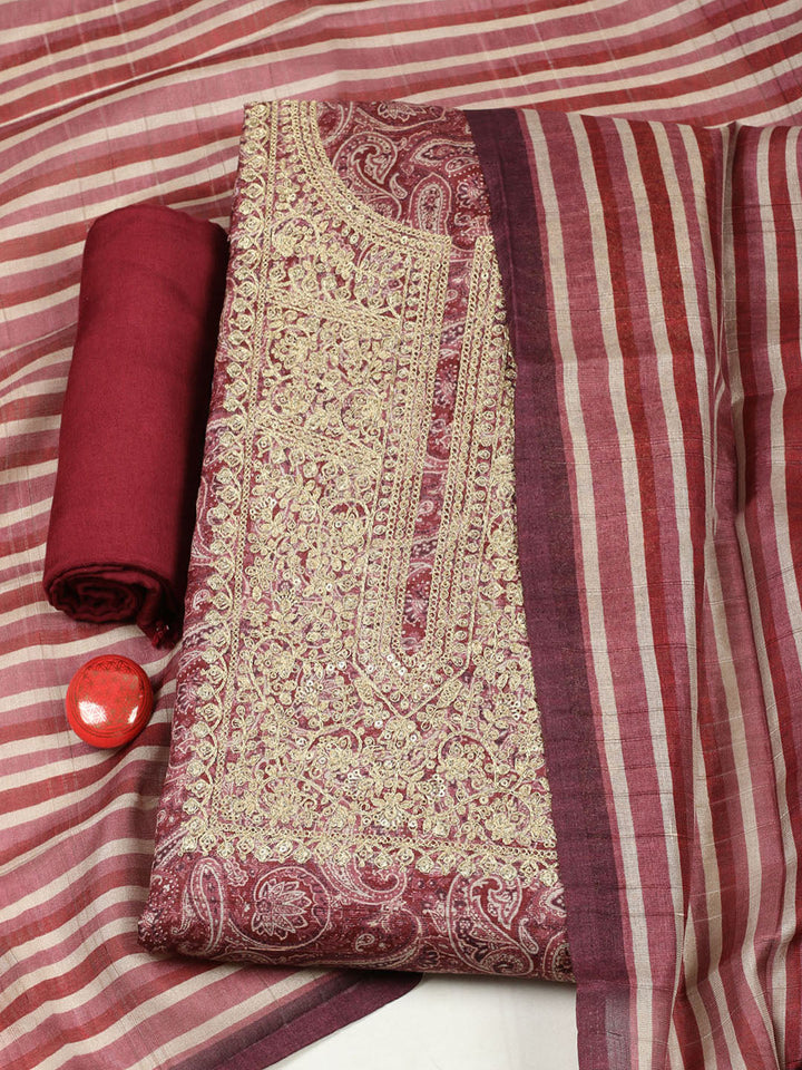 Embroidered Chanderi Unstitched Suit With Pant &amp; Dupatta