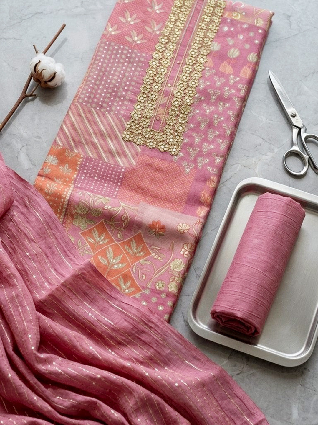Embroidered Cotton Blend Unstitched Suit With Pant &amp; Dupatta