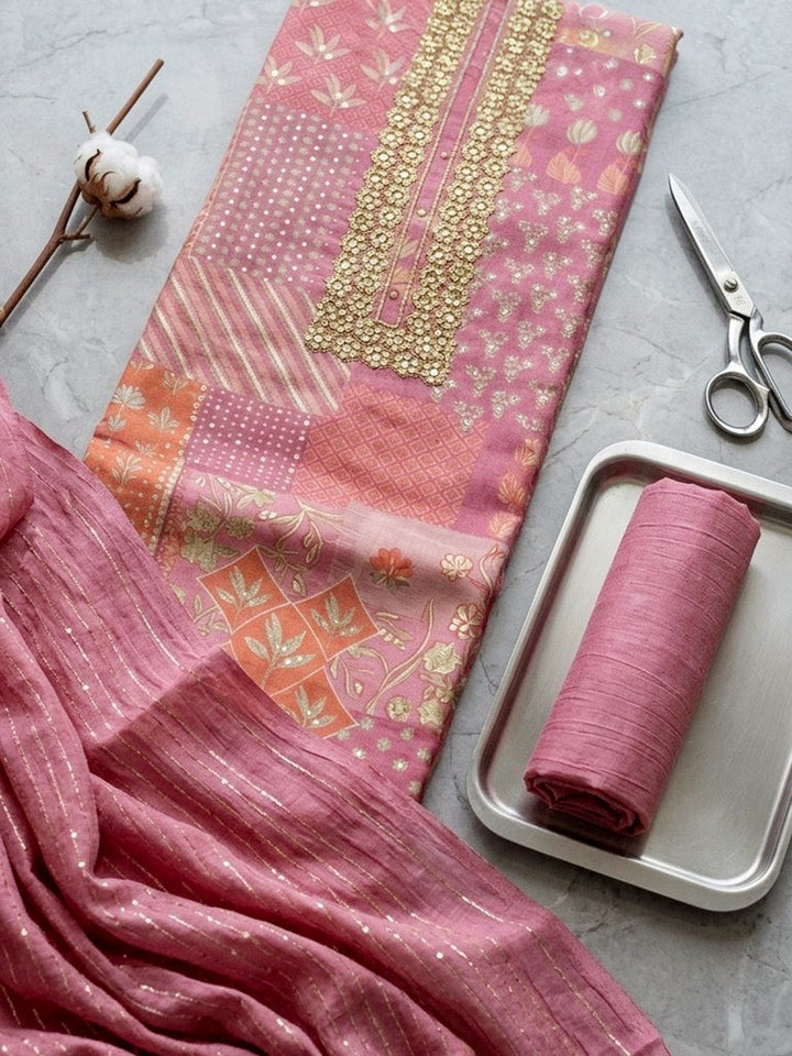 Embroidered Cotton Blend Unstitched Suit With Pant &amp; Dupatta