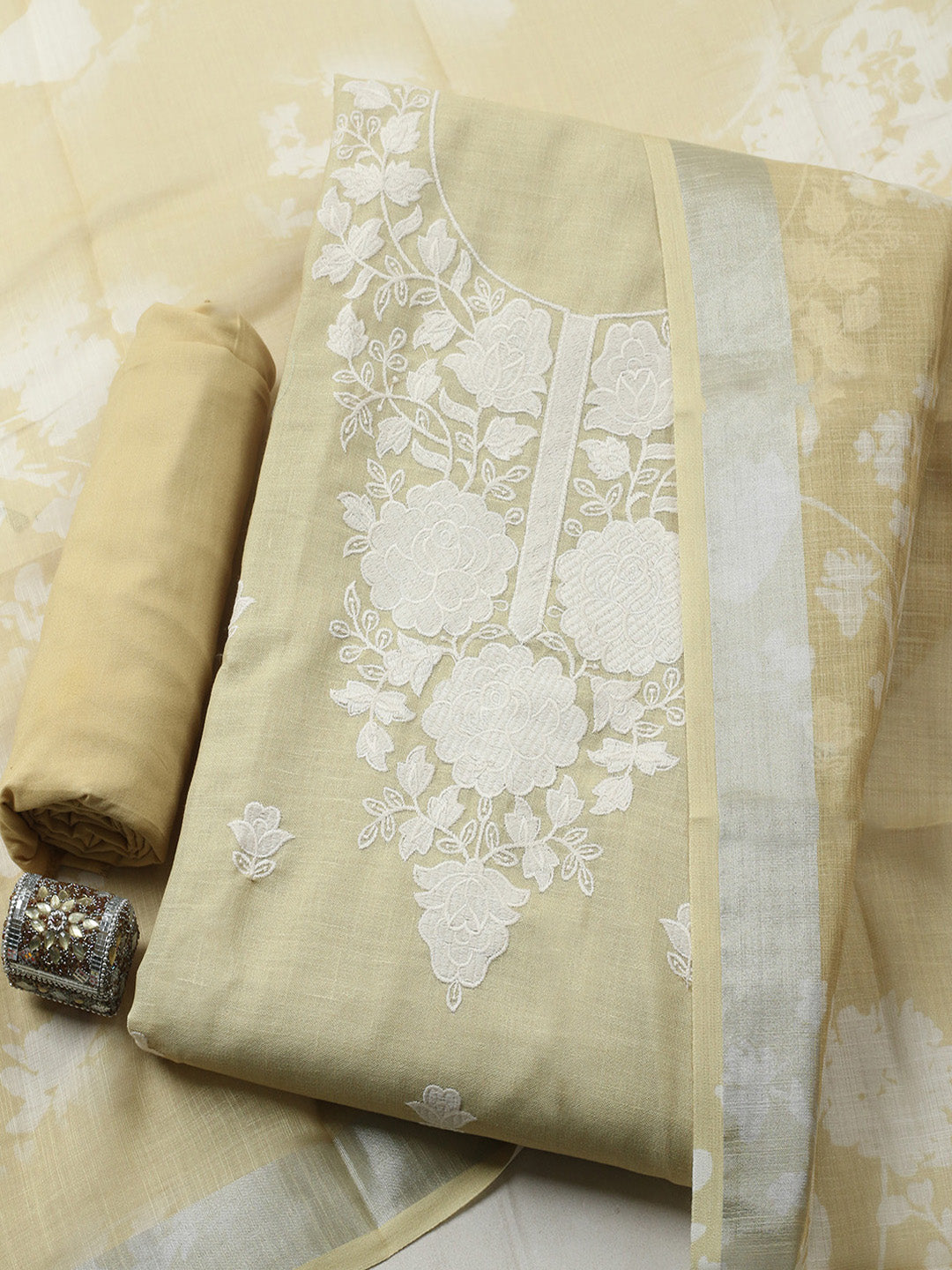 Embroidered Linen Blend Unstitched Suit With Pant &amp; Dupatta