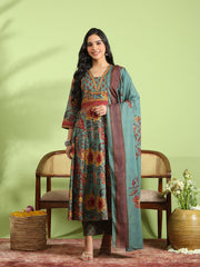 Printed Cotton Kurta With Pant & Dupatta