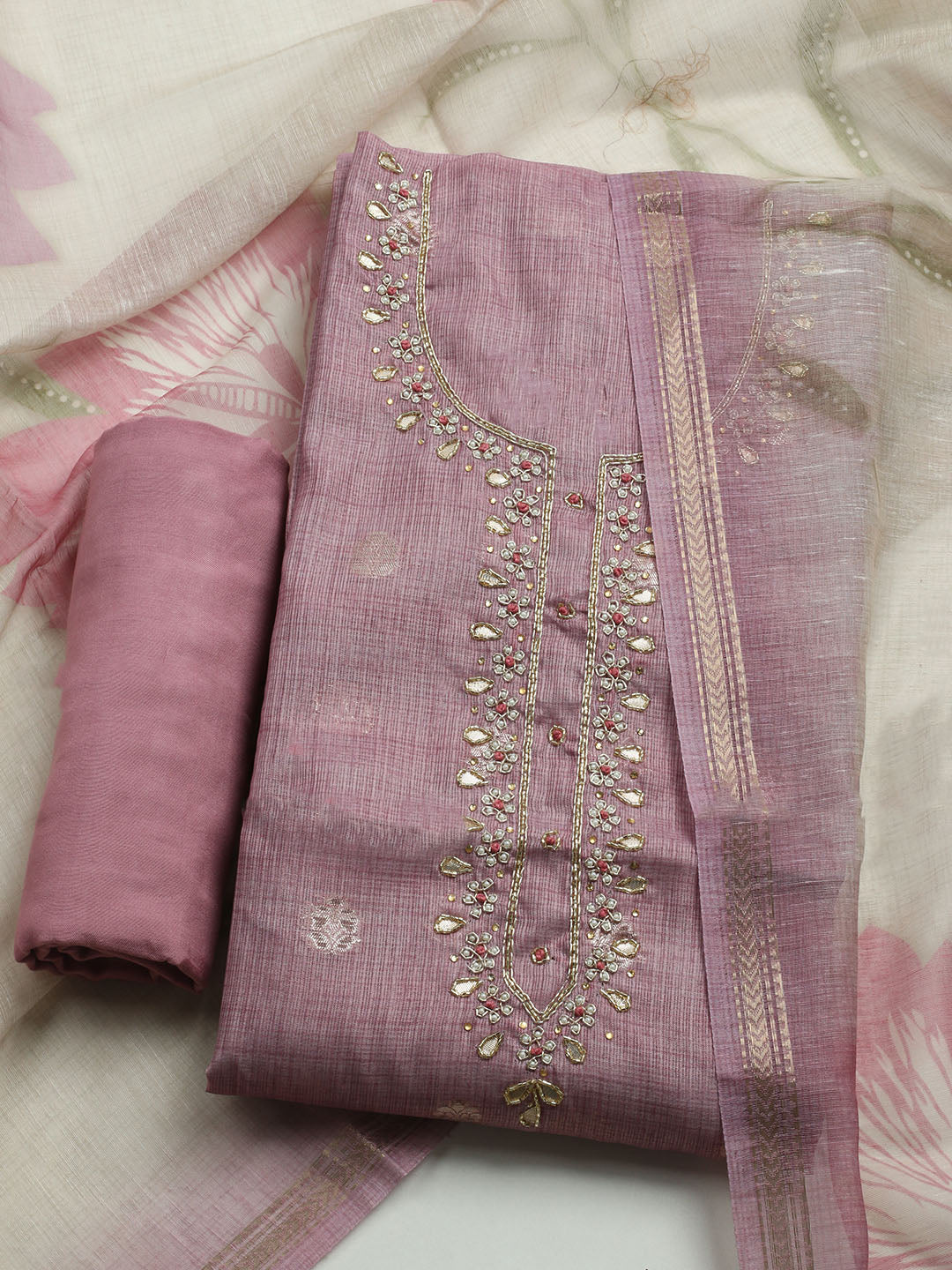 Embroidered Linen Unstitched Kurta With Pant & Dupatta