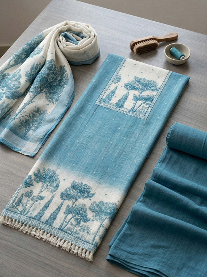 Embroidered Linen Blend Unstitched Suit With Pant &amp; Dupatta