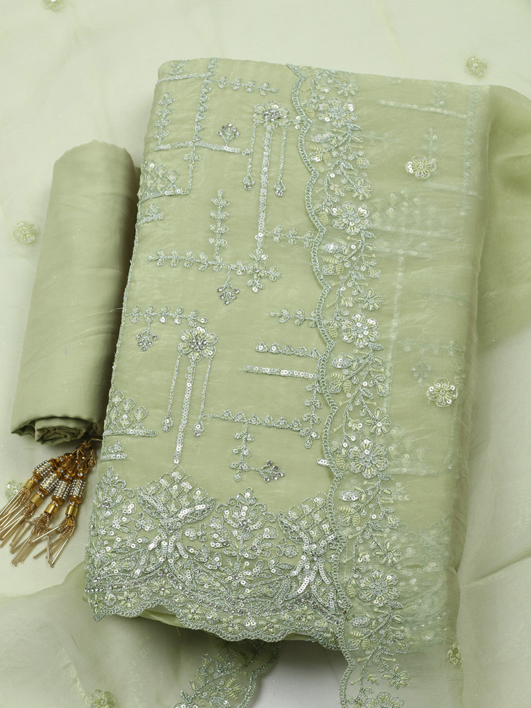Embroidered Organza Unstitched Suit With Pant &amp; Dupatta