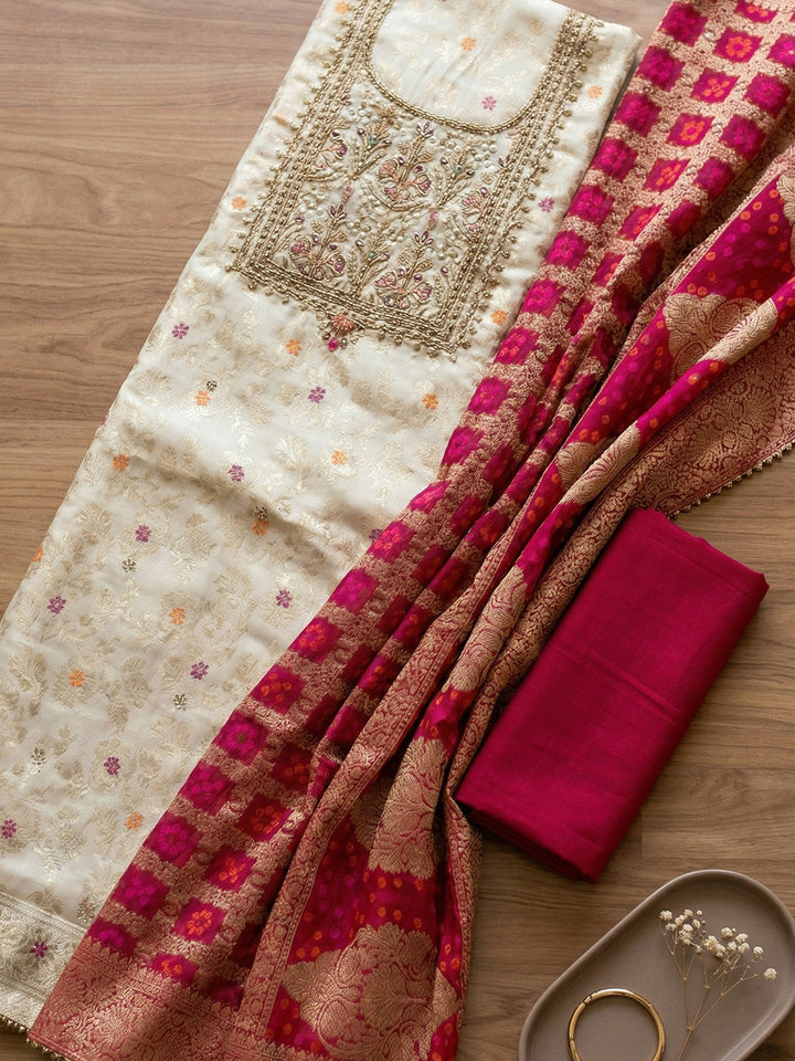 Banarasi Chanderi Unstitched Suit With Pant &amp; Dupatta