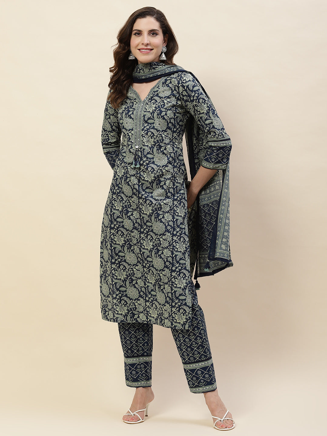 Printed Cotton Kurta With Pants & Dupatta