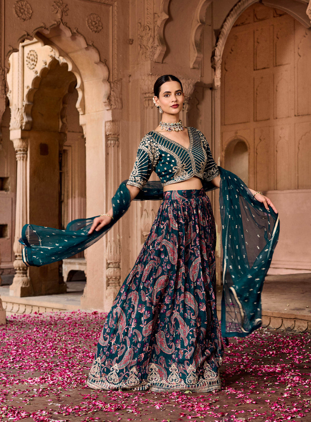 Teal Green Choli With Lehenga &amp; Dupatta