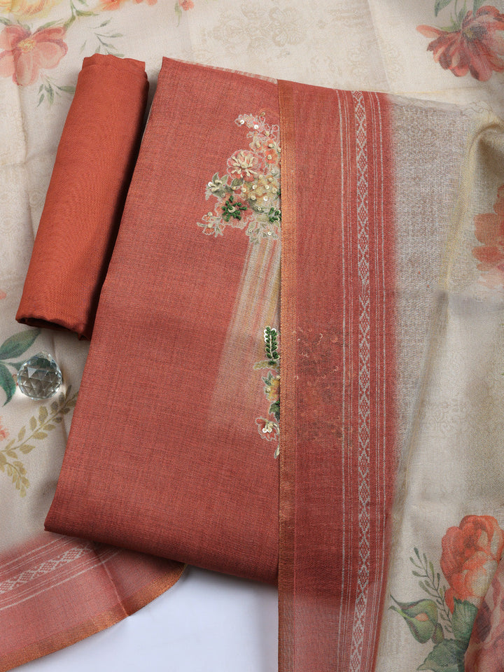 Printed Linen Blend Unstitched Suit With Pant &amp; Dupatta